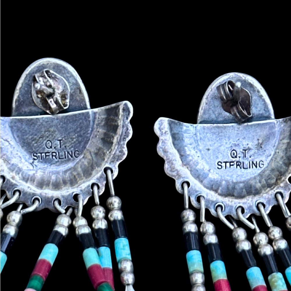 Sterling Silver Multi-stone Inlay Dangle Earrings Vintage Signed Q.T. - Picture 4 of 4